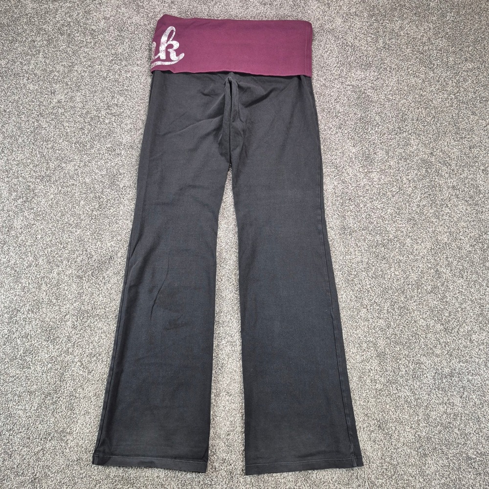 Victoria's Secret PINK Yoga Pants Womens Medium Black Foldover Rhinestone Flare - Picture 2 of 13